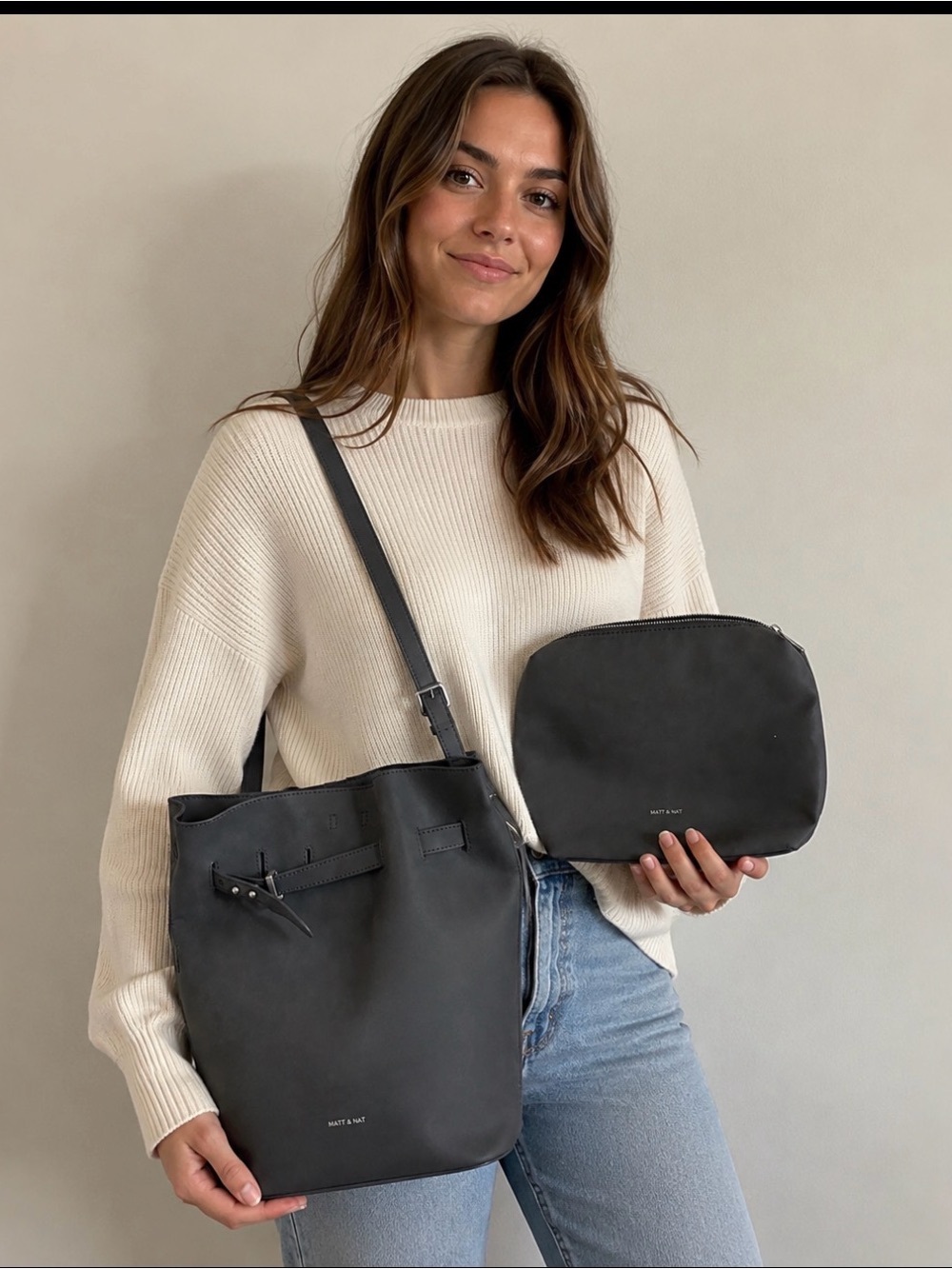 Matt & Nat Charcoal Gray Vegan Tote with Matching Pouch